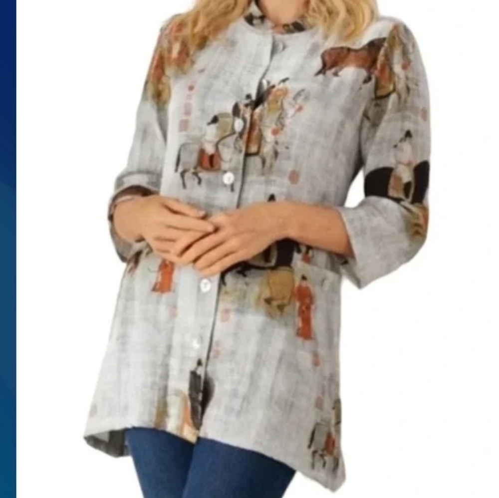 Soft Surroundings (Size L) Multicolored "Asian Song Dynasty" Button Tunic Blouse